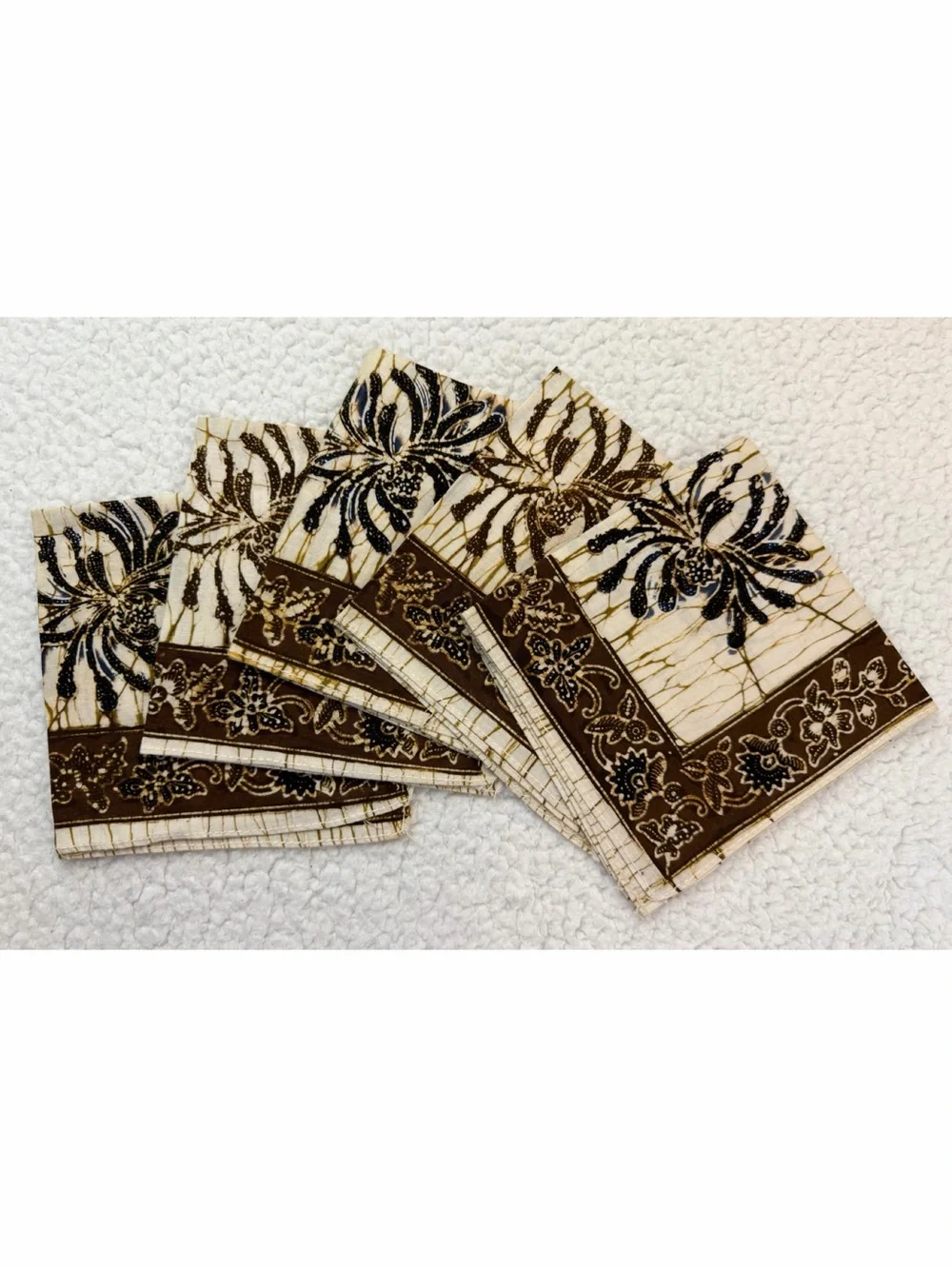 (Set of 5) Vintage Cream/Brown Batik Floral Cloth Cocktail Napkins, 12